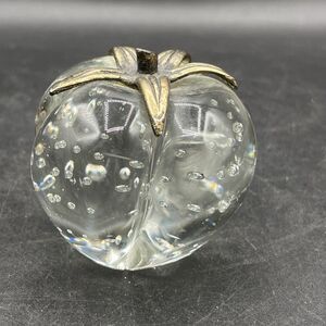 Vintage Pumpkin Shape Paperweight - Art Glass Controlled Bubbles Brass Stem